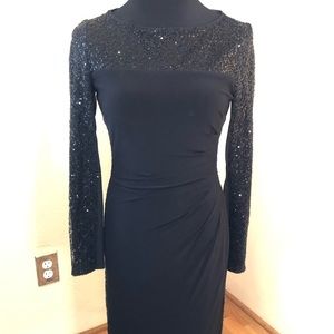 American Living Macy’s Black Sequined Midi Ruched Long Sleeve Dress
